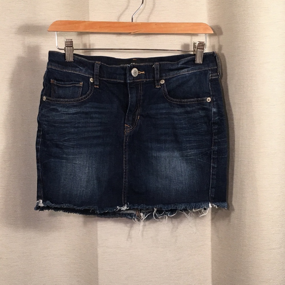 Express Mid Rise Distressed Denim Mini Skirt